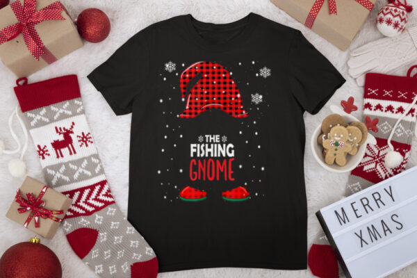 Fishing Gnome Buffalo Plaid Matching Family Christmas T Shirt