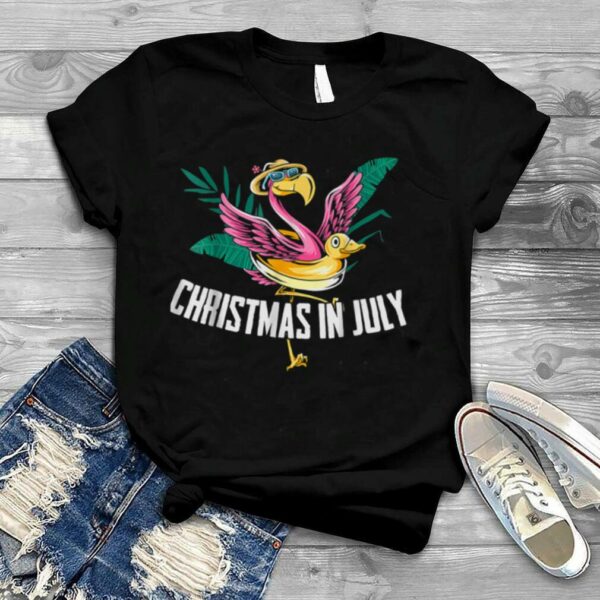 Flamingo Bird Tropical Design With Leaves Christmas In July T Shirt