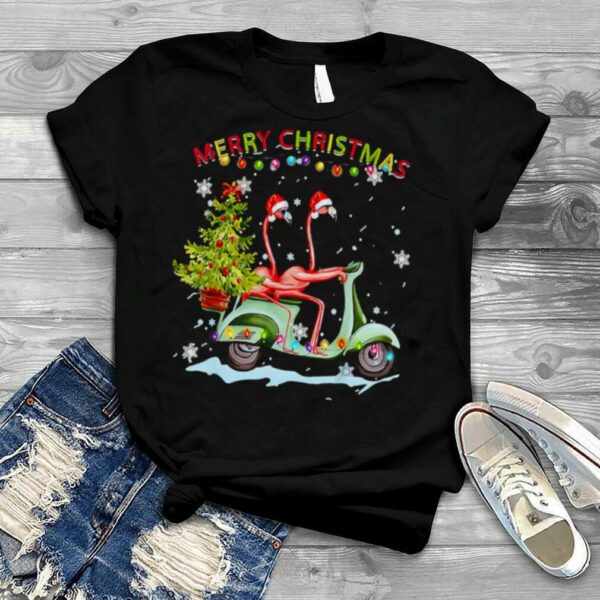 Flamingo Santa Hat Xmas Light Motobike Christmas shirt