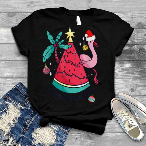 Funny Christmas In July Santa Flamingo Palm Tree T Shirt