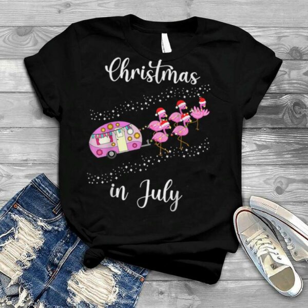 Funny Flamingo Pink Retro Camping Car Christmas in July T Shirt