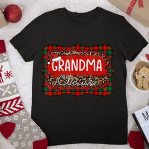 Funny Grandma Claus Leopard Buffalo Plaid Christmas Pajama T Shirt