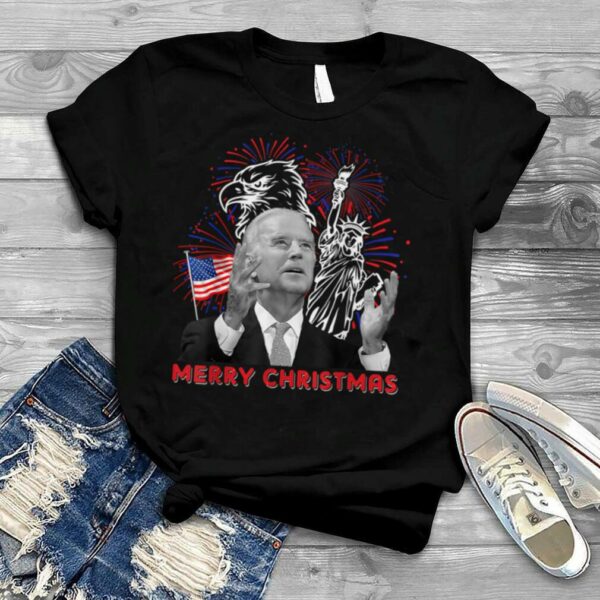 Funny Joe Biden Merry Christmas In July Usa Flag 4th Of July T Shirt