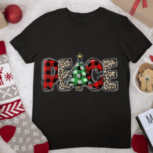 Funny Peace Love Christmas Buffalo Plaid Xmas Tree Leopard T Shirt