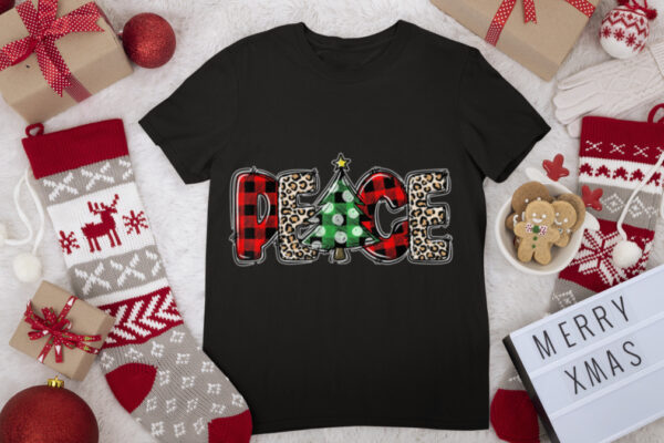 Funny Peace Love Christmas Buffalo Plaid Xmas Tree Leopard T Shirt