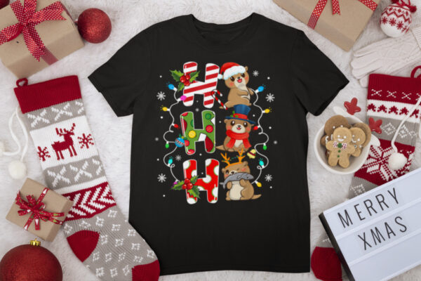 Ho Ho Ho Xmas Lights Reindeer Santa Hat Otter Christmas T Shirt