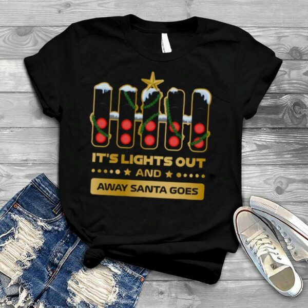 It’s Lights Out And Away Santa Goes Xmas Collection Gold F1 Christmas shirt