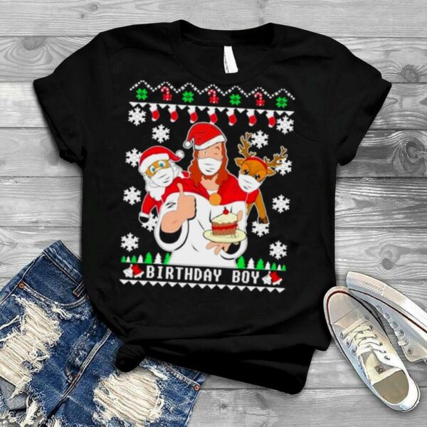 Jesus Face Mask And Santa And Reindeer Birthday Boy Merry Christmas Shirt