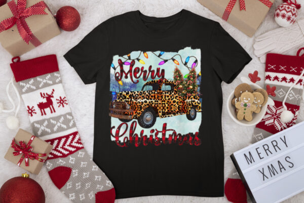 Leopards Plaid Merry Christmas Truck Xmas Holiday T Shirt