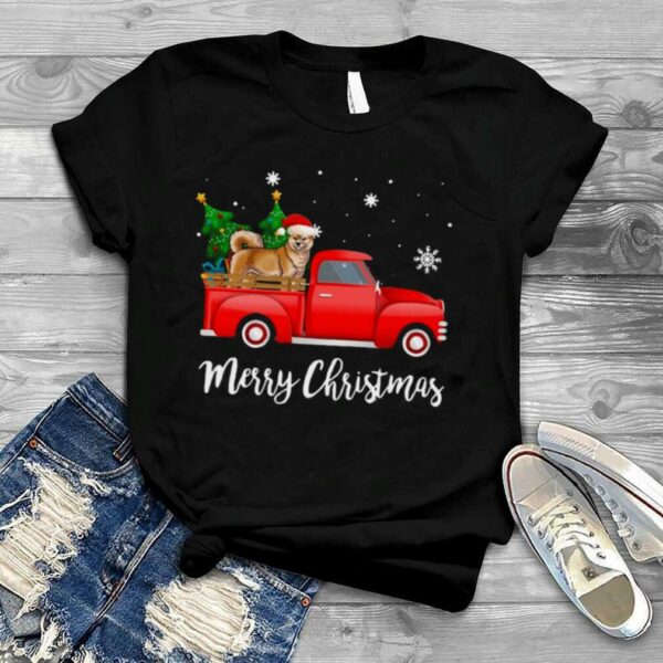 Merry Christmas Akita Dog Riding Red Truck Christmas Sweater T shirt