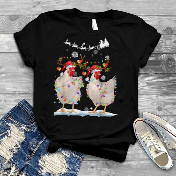 Merry Christmas Chicken Santa Hat Lights Xmas Funny T Shirt