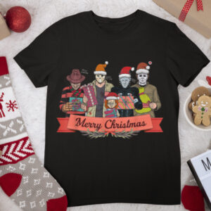 Merry Christmas horror movie Santa hat characters Xmas PJ.s T Shirt