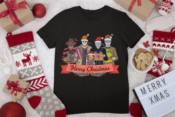 Merry Christmas horror movie Santa hat characters Xmas PJ.s T Shirt