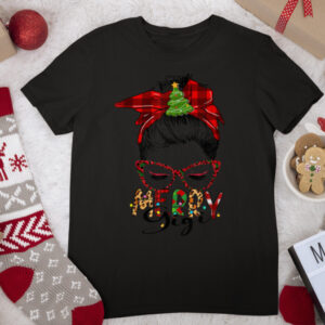 Merry Gigi Messy Bun Plaid Leopard Print Christmas Pajama T Shirt
