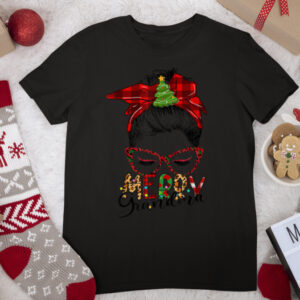 Merry Grandma Messy Bun Plaid Leopard Print Christmas Pajama T Shirt
