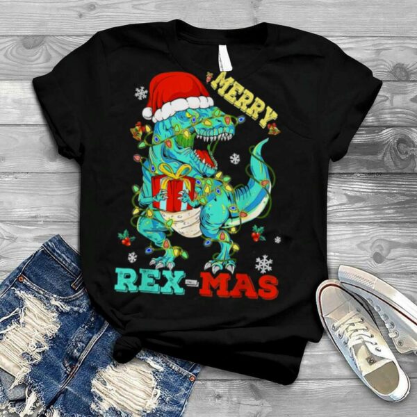 Merry Rex Mas Dinosaur Santa Christmas Tree Lights Shirt