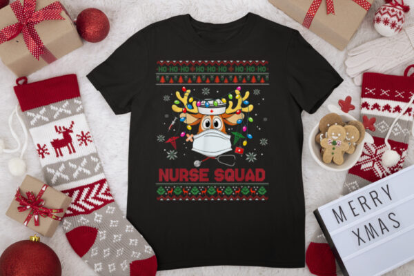 Nurse Squad Reindeer Wearing Lights Ugly Sweater Christmas T Shirt