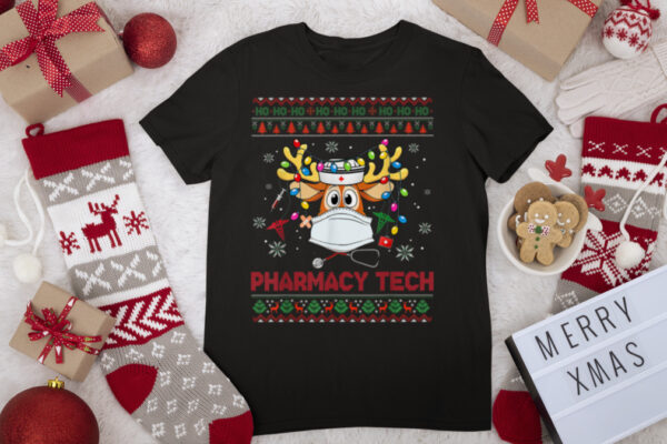 Pharmacy Tech Reindeer Wearing Lights Ugly Sweater Christmas T Shirt