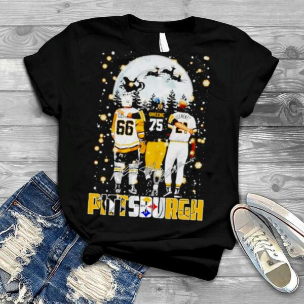 Pittsburgh sports teams Mario Lemieux Joe Greene and Roberto Clemente Christmas signatures shirt