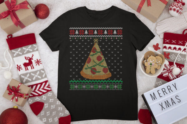 Pizza Christmas Tree Lights Ugly Xmas Sweater Pizza Lovers T Shirt