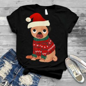 Pug dog wearing Christmas cute ugly sweater and Santa Hat Shirt