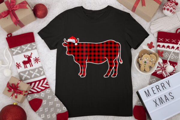 Red Buffalo Plaid Cow Christmas Pajamas Family Women Girls T Shirt