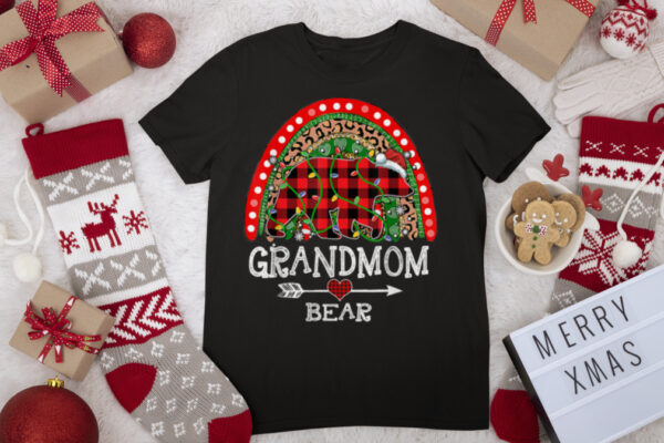 Red Plaid Grandmom Bear Christmas Rainbow Pajama Matching T Shirt