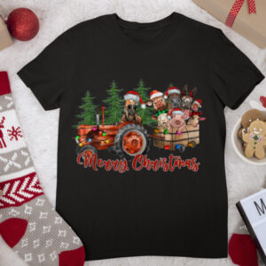 Red Truck Farm Tractor Farm Animals Cow Pig Merry Christmas T Shirt