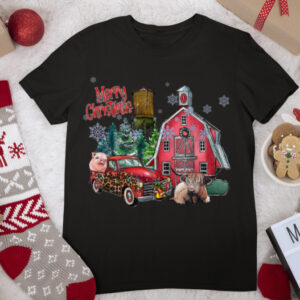 Red Truck Red Barn Farm Animals Cow Merry Christmas Farmer T Shirt