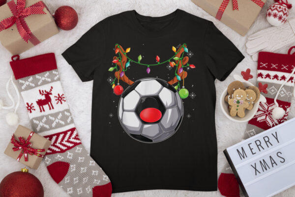 Reindeer Soccer Christmas Lights Santa Sweater Ugly Merry T Shirt
