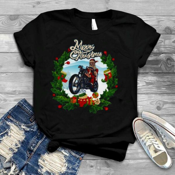 Retro Art Merry Christmas Happy Santa On Motorbike shirt