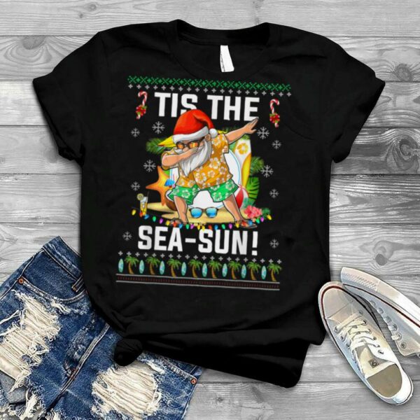 Santa Claus Flamingo Float Tis the Sea Sun Christmas in July T Shirt