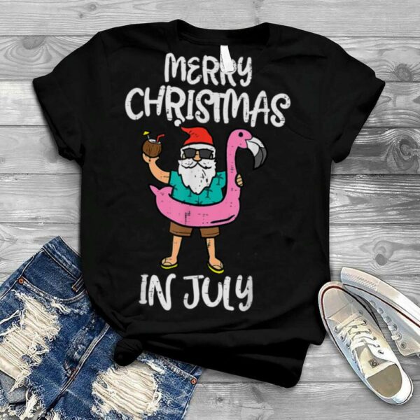 Santa Flamingo Floatie Merry Christmas In July Summer Xmas T Shirt
