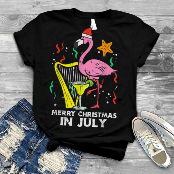 Santa Flamingo Harp Merry Christmas In July Cute Summer Xmas T Shirt