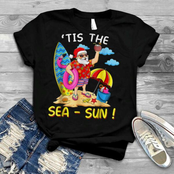 Santa Surf Flamingo Float Tis the Sea Sun Christmas In July T Shirt