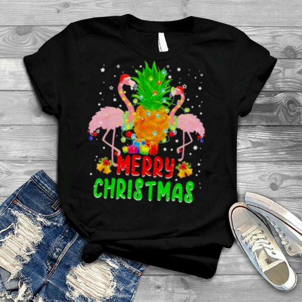 Santa flamingo Christmas tree pineapple xmas light merry Christmas shirt