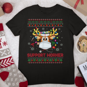 Support Worker Reindeer Wear Lights Ugly Sweater Christmas T Shirt