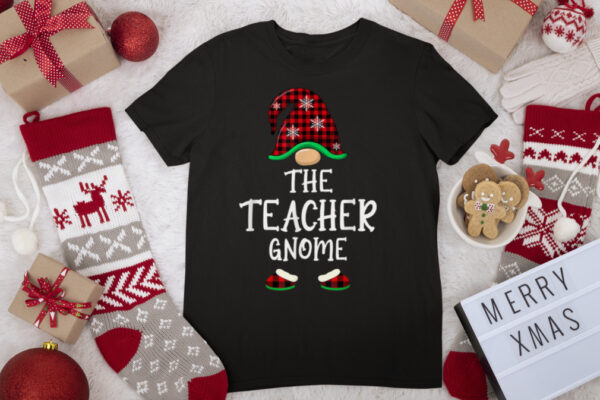 Teacher Gnome Buffalo Plaid Matching Family Christmas T Shirt