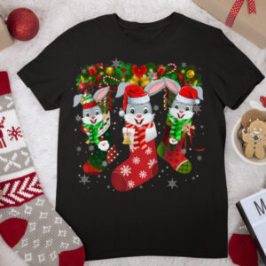 Three Bunny In Sock Christmas Cute Santa Hat T Shirt