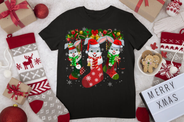 Three Bunny In Sock Christmas Cute Santa Hat T Shirt