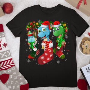 Three Dinosaur In Sock Christmas Cute Santa Hat T Shirt