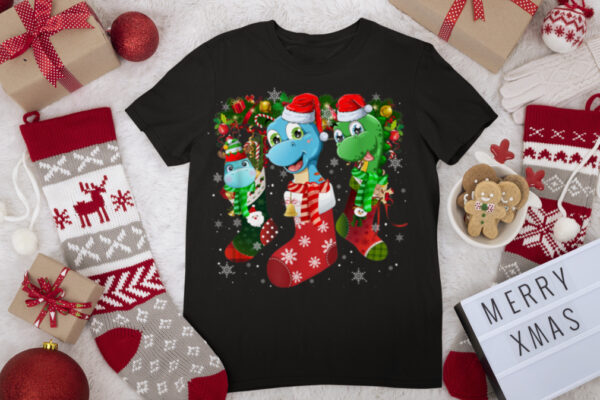 Three Dinosaur In Sock Christmas Cute Santa Hat T Shirt