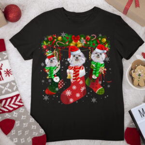 Three Maltese In Sock Christmas Cute Santa Hat T Shirt