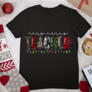 Very Merry Teacher Red Plaid Leopard Light Christmas Holiday T Shirt