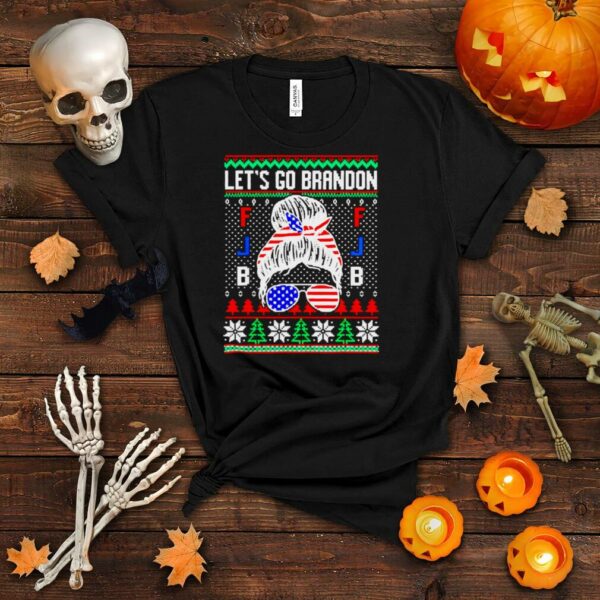 Women Let’s Go Brandon Ugly Christmas Messy Bun Glassed Flag Shirt