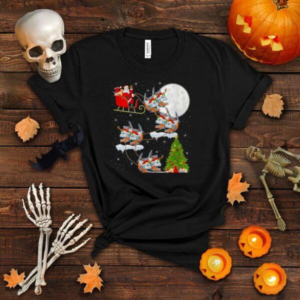 Xmas Lighting Tree Santa Riding Piranha Fish Christmas Shirt