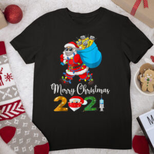 Xmas Santa Clause Vaccinated Lights Merry Christmas 2021 T Shirt