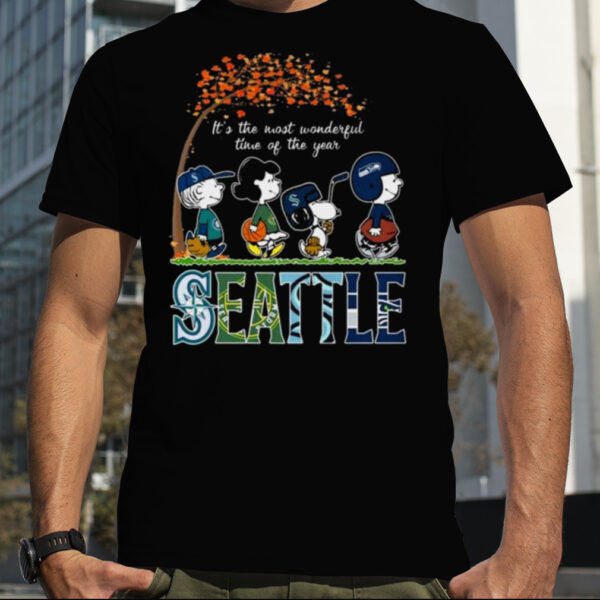 Peanuts Character It’s The Most Wonderful Time Of The Year Seattle Seahawks Mariners Kraken And Storm 2023 Shirt