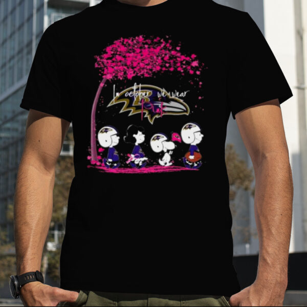 Peanuts Characters Baltimore Ravens In October We Wear Pink Fall shirt