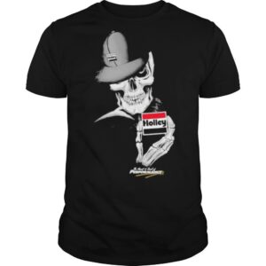 Skeleton holding holley performance shirt